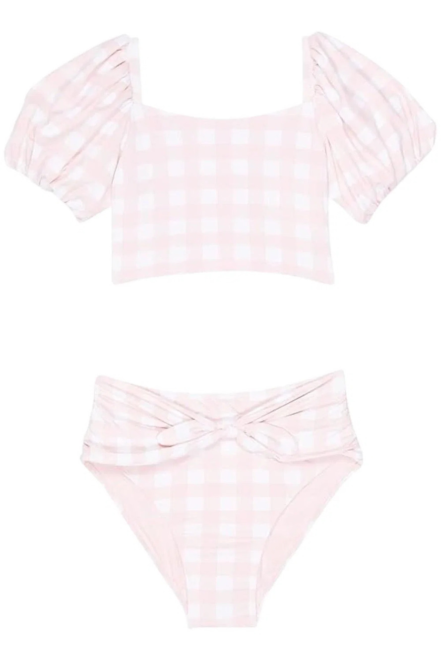HABITUAL Kid's Girl 2-Piece Plaid Chic Bubble Sleeve Bikini Pink - Regular